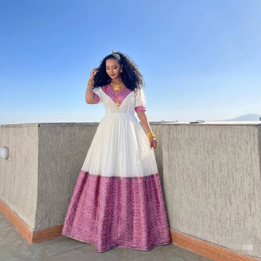 Pink Woven Ethiopian Dress Habesha Kemis Online