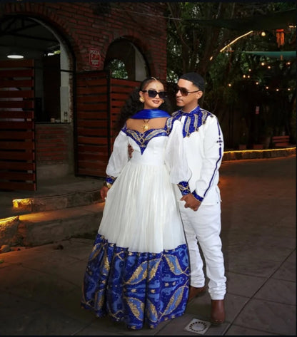 Royal Blue Matching Habesha Outfit Ethiopian Couple Wear Traditional Matching Set 693