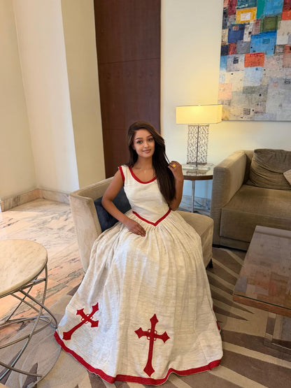 Sleeveless Habesha Dress with Red Embroidery Ethiopian Clothing