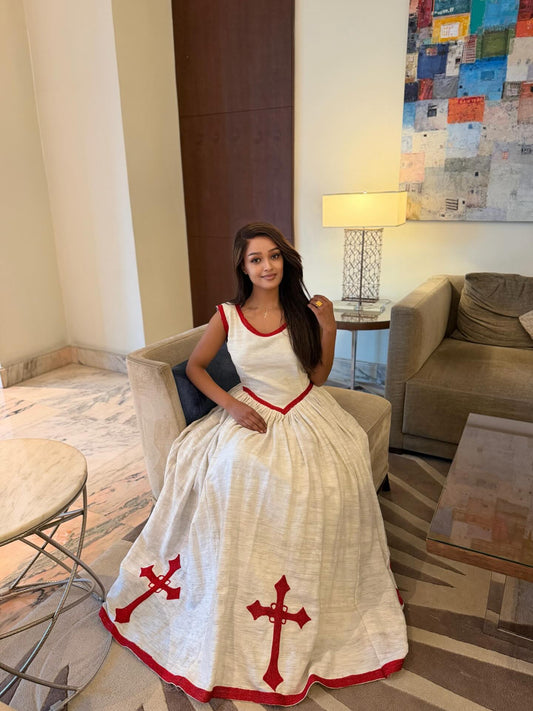 Sleeveless Habesha Dress with Red Embroidery Ethiopian Clothing