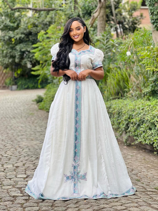 Short Sleeve Habesha Dress with Teal Embroidery Ethiopian Dress