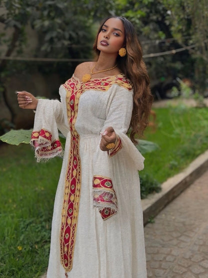 Red and Golden Habesha Kemis Long Sleeve Ethiopian Clothing  Traditional Habesha Dress 700