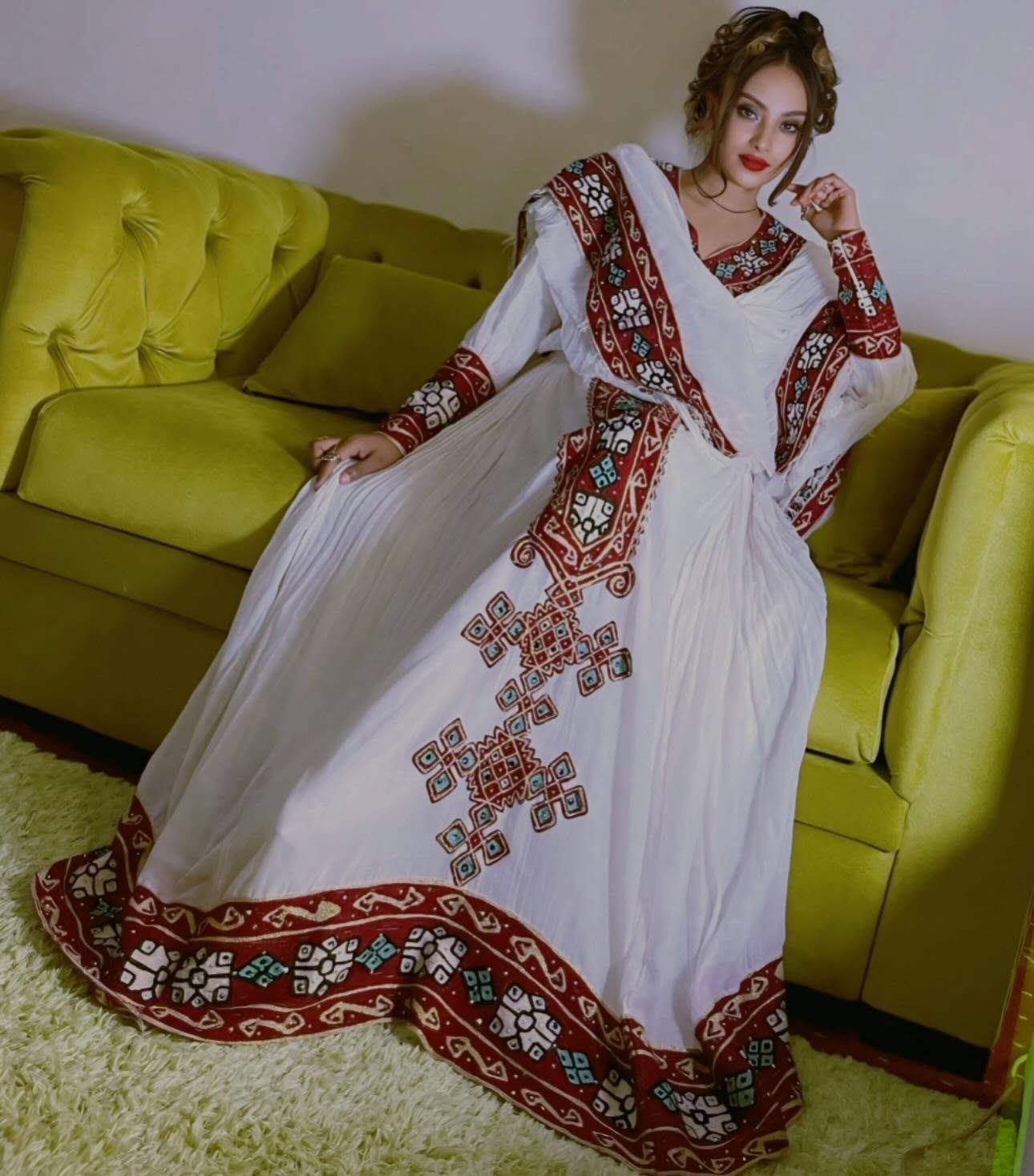 Ethiopian Traditional Dress Stylish Habesha Dress Red Embroidery And Long Sleeve Habesha Kemis 702
