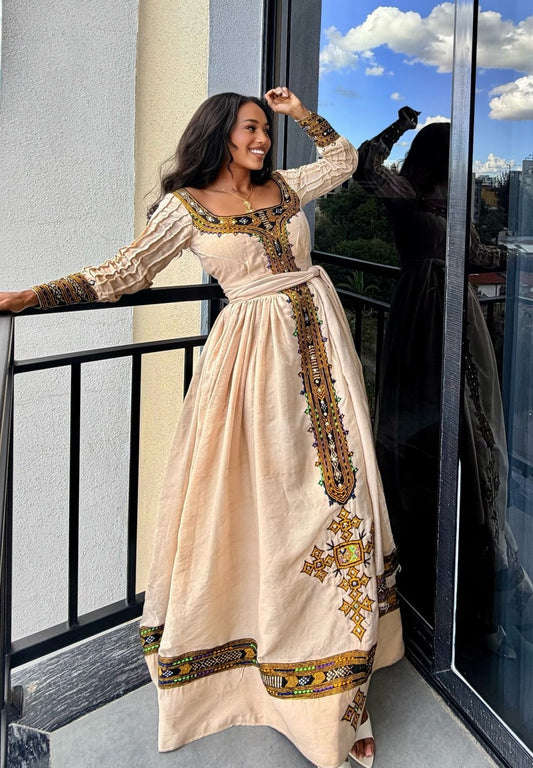 Multicolor Woven Habesha Dress Long Sleeve Classic Ethiopian Kemis