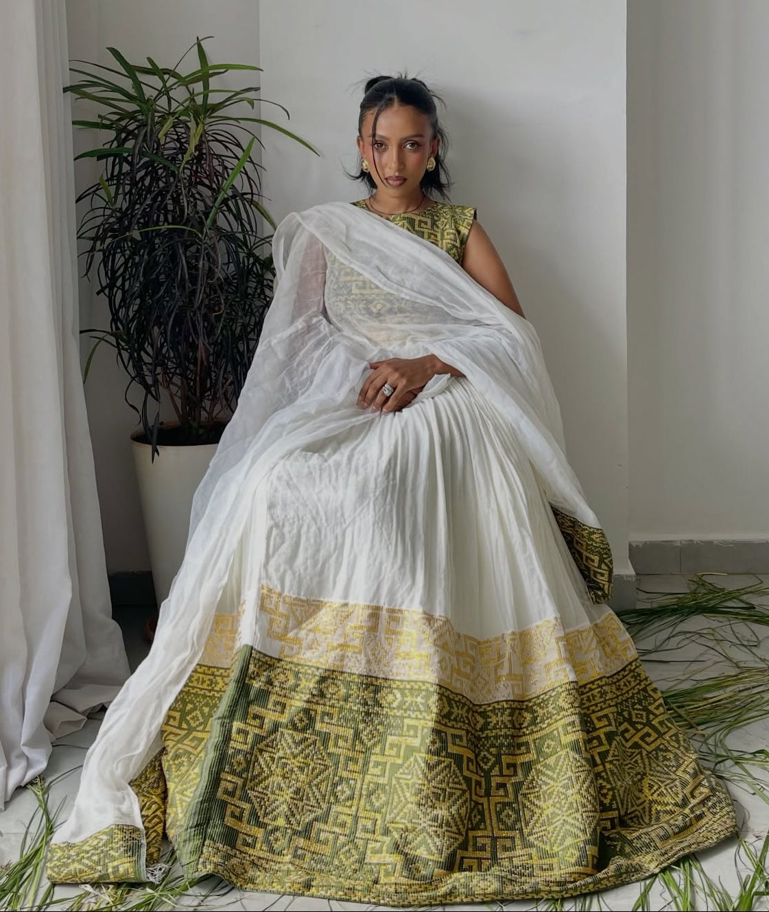 Green and Yellow Woven Habesha Dress Sleeveless Habesha Kemis Classic Ethiopian Cultural Dress 705