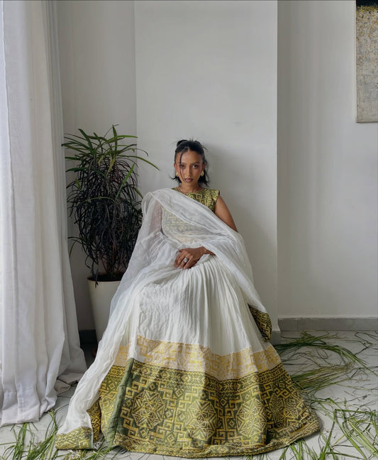 Green and Yellow Woven Habesha Dress Sleeveless Habesha Kemis Classic Ethiopian Cultural Dress 705