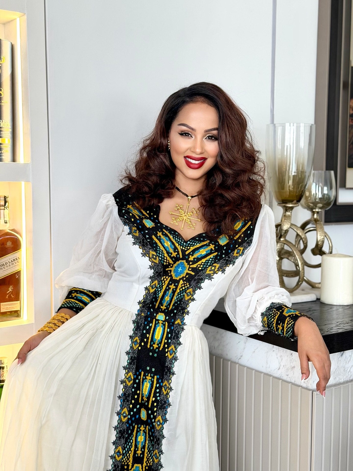 White Habesha Dress with Black Embroidery Long Sleeve Ethiopian Clothing Charming Habesha Kemis 706