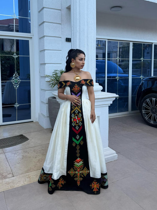 Off Shoulder Habesha Dress with Embroidery | Ethiopian Traditional Dress