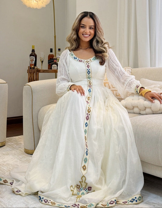 Multicolor Ethiopian Dress Long Sleeve  Elegant Habesha Kemis