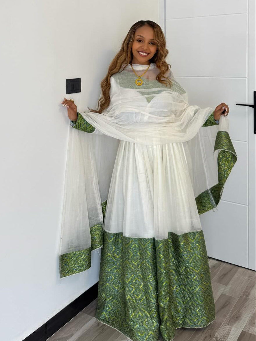 Green Woven Habesha Dress Handmade Long Sleeve Ethiopian Clothing Timeless Habesha Kemis 710
