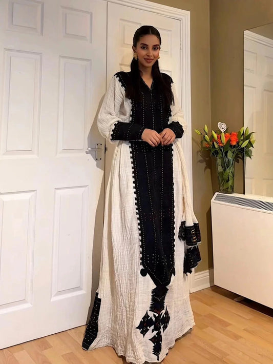 Black Embroidery Habesha Dress Graceful Long Sleeve Ethiopian Kemis