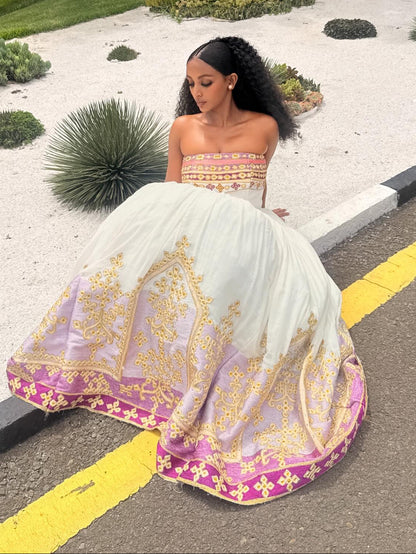 Charming Habesha Dress Strapless Pink Embroidery Habesha Kemis Ethiopian Traditional Wedding Dress 713