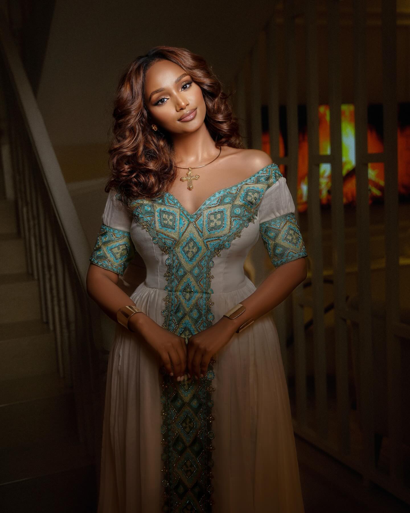 Off Shoulder Teal Embroidery Habesha Kemis Traditional Ethiopian Dress Graceful Habesha Dress 715