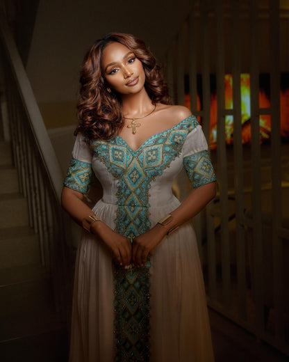 Off Shoulder Teal Embroidery Habesha Kemis Traditional Ethiopian Dress Graceful Habesha Dress 715