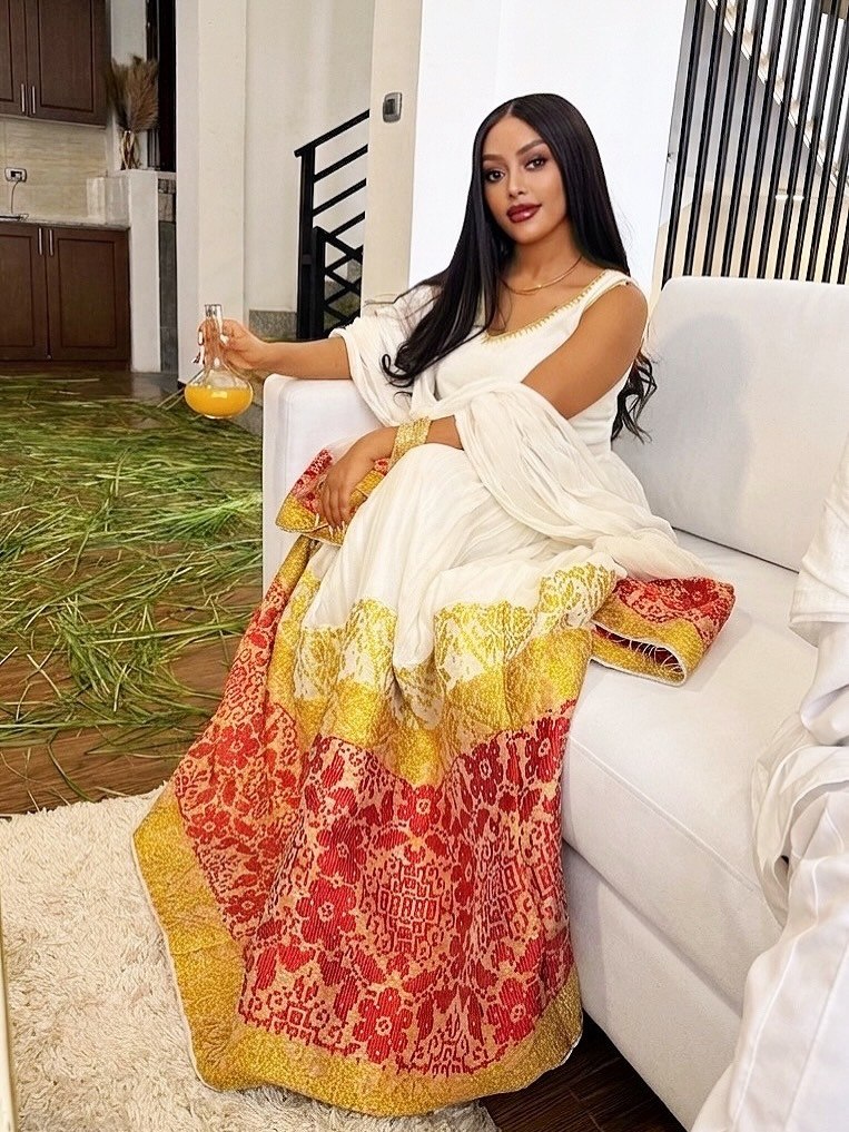 Yellow & Red Woven Habesha Kemis Stunning Sleeveless Ethiopian Clothing Timeless Habesha Dress 719