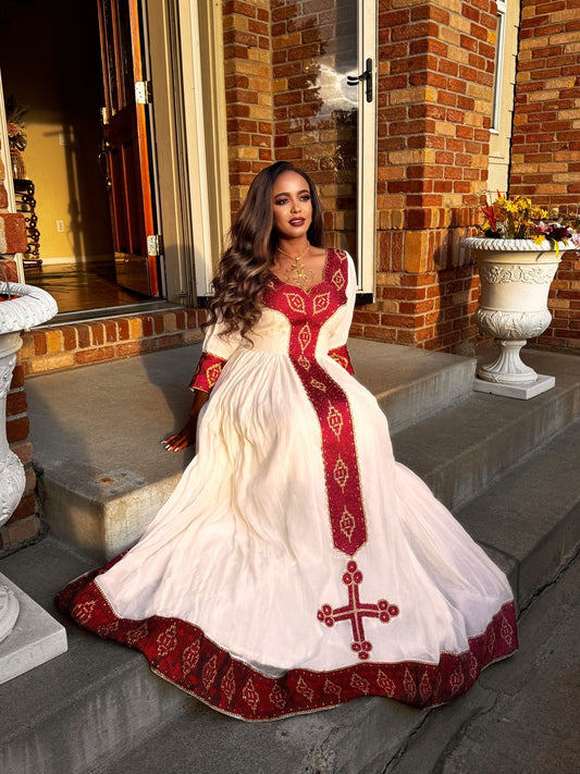 Red Embroidery Habesha Kemis Stylish Ethiopian Clothing
