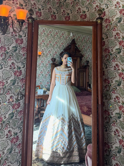 Sleeveless Ethiopian Wedding Dress  Golden Embroidery Habesha Kemis Online Graceful Habesha Dress 726