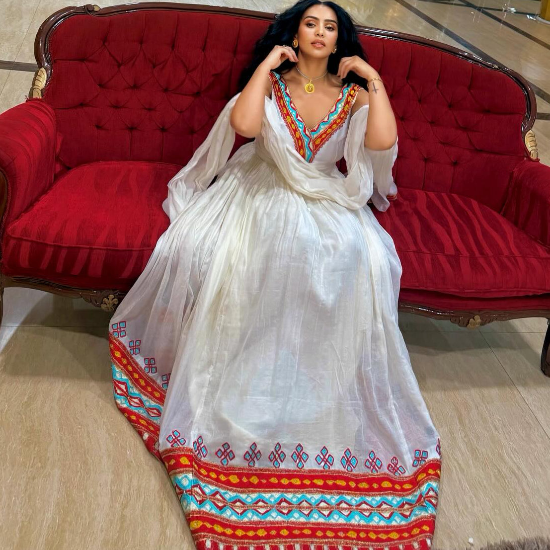 Sleeveless Habesha Kemis with Red Embroidery