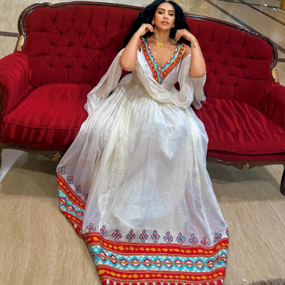Sleeveless Habesha Kemis with Red Embroidery