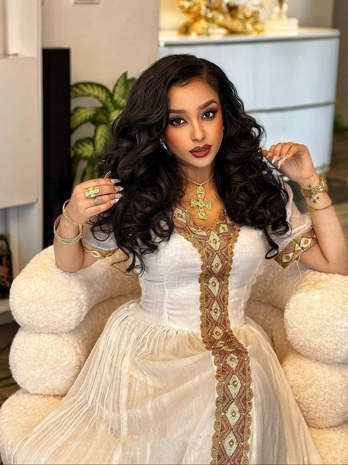 White Habesha Kemis Golden Embroidery Traditional Ethiopian Dress Festive Habesha Dress 734
