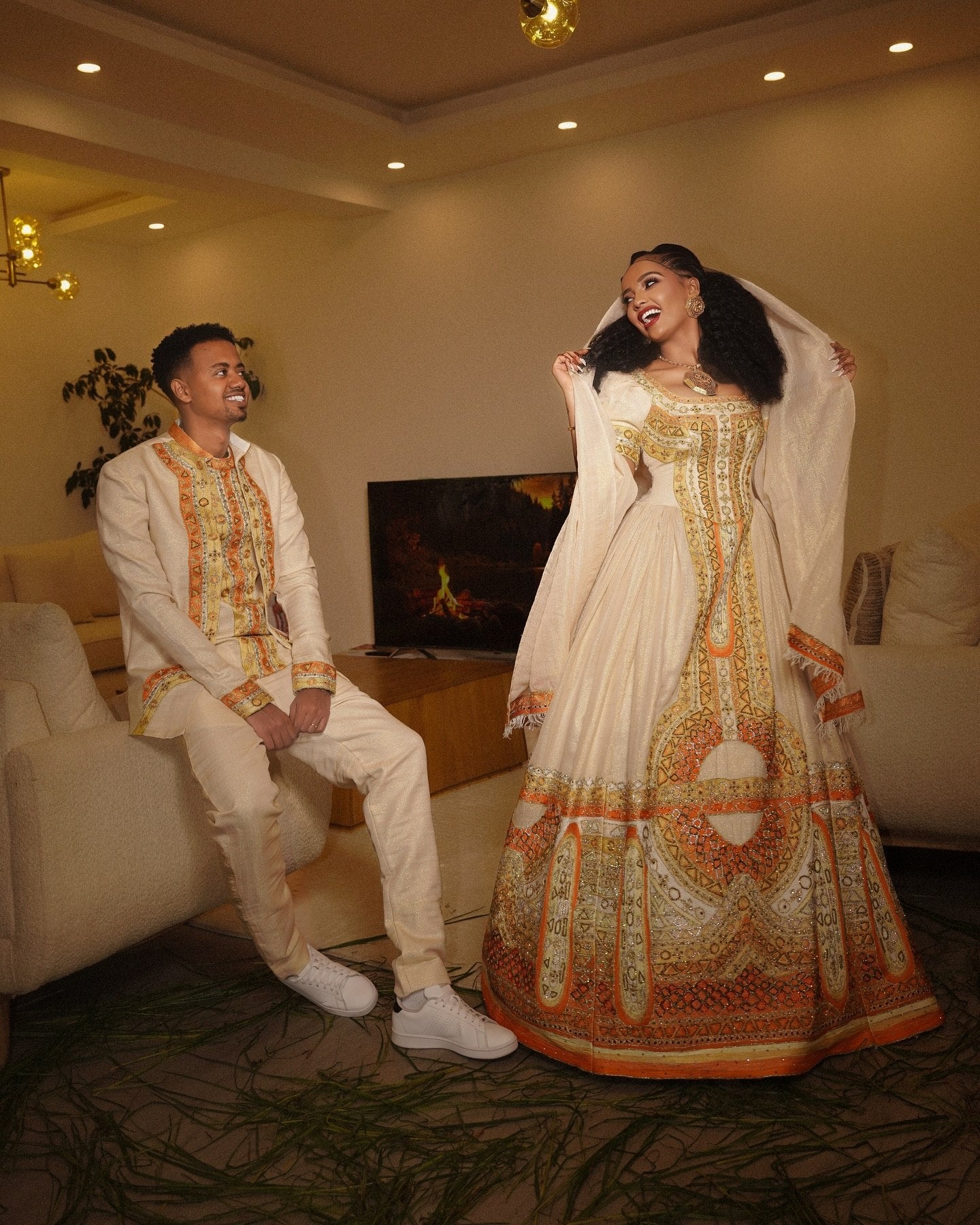 Habesha Couple Outfit White & Gold | Ethiopian Traditional Clothing