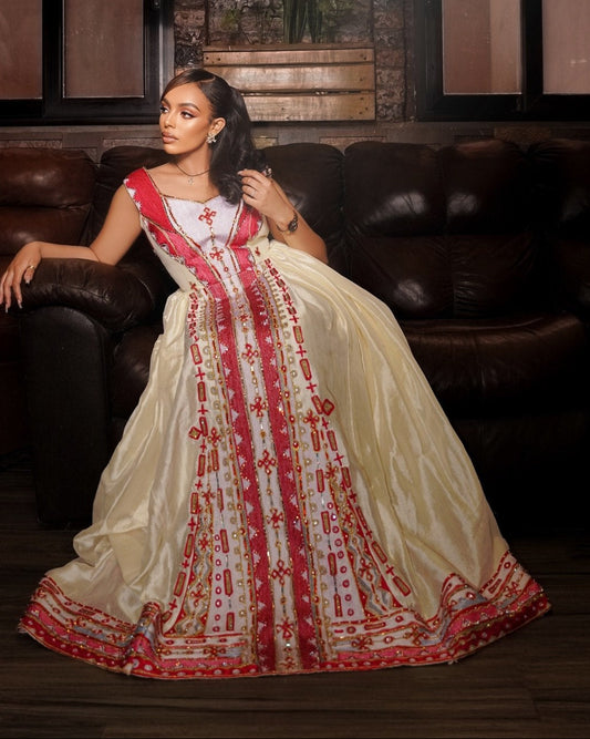 Ethiopian Wedding Dress Red Embroidery Habesha Traditional Dress