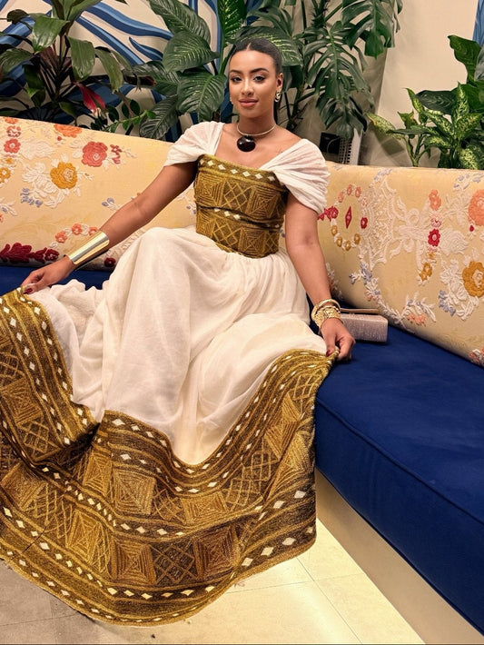 Golden Woven Habesha Dress Ethiopian Traditional Clothing Graceful Habesha Kemis For Wedding 737