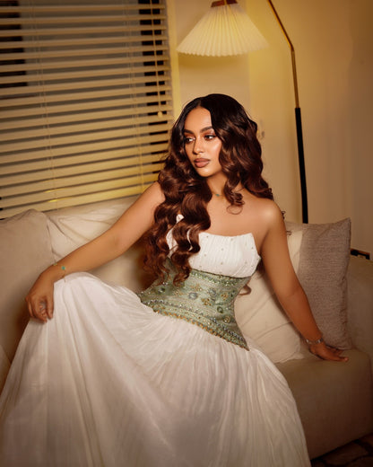Strapless Habesha dress elegant white habesha kemis with green woven detail timeless Ethiopian traditional clothing 738
