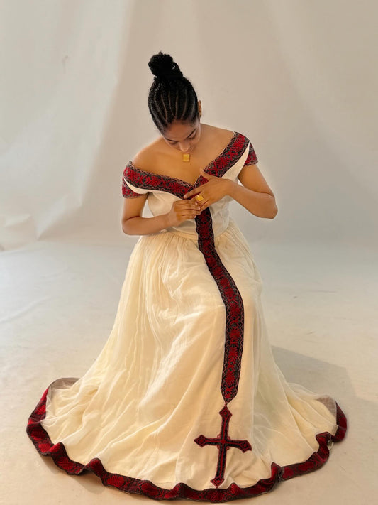 Off-shoulder Habesha dress red habesha kemis elegant traditional Ethiopian clothing