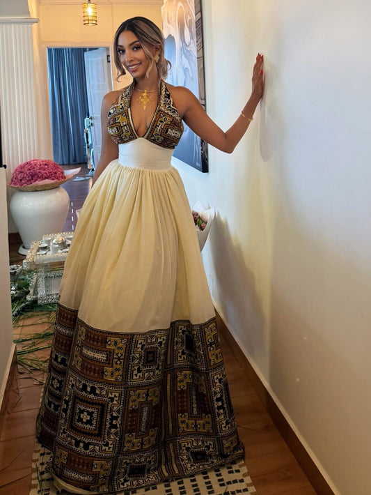 V-neckline Habesha dress multicolor woven habesha kemis 