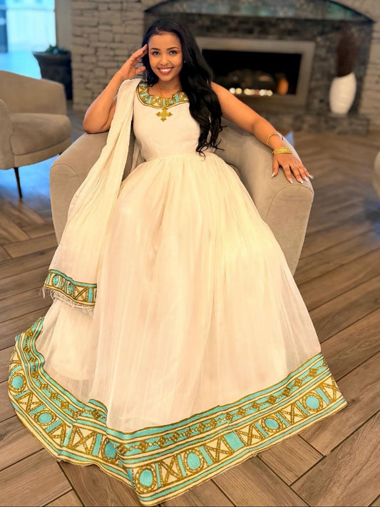 Timeless Ethiopian Clothing Elegant Habesha Kemis & Habesha Dress Gold Design