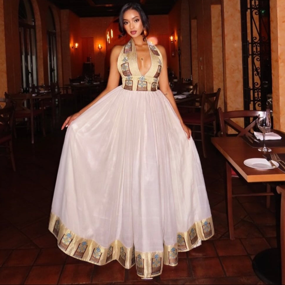 Elegant Ethiopian Clothing | Golden Burgundy Habesha Kemis & Habesha Dress Sleeveless Style