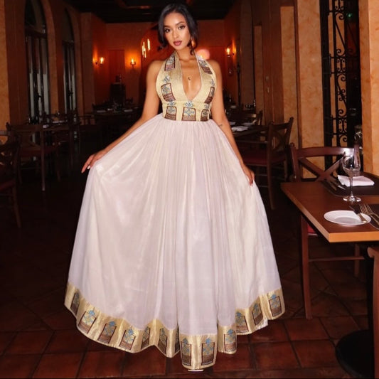 Elegant Ethiopian Clothing | Golden Burgundy Habesha Kemis & Habesha Dress Sleeveless Style