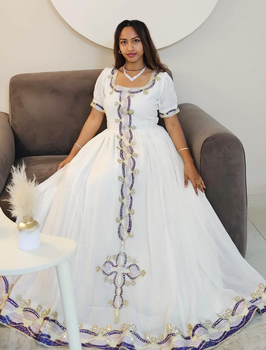 Elegant Ethiopian Clothing Blue Silver Habesha Kemis & Habesha Dress Online