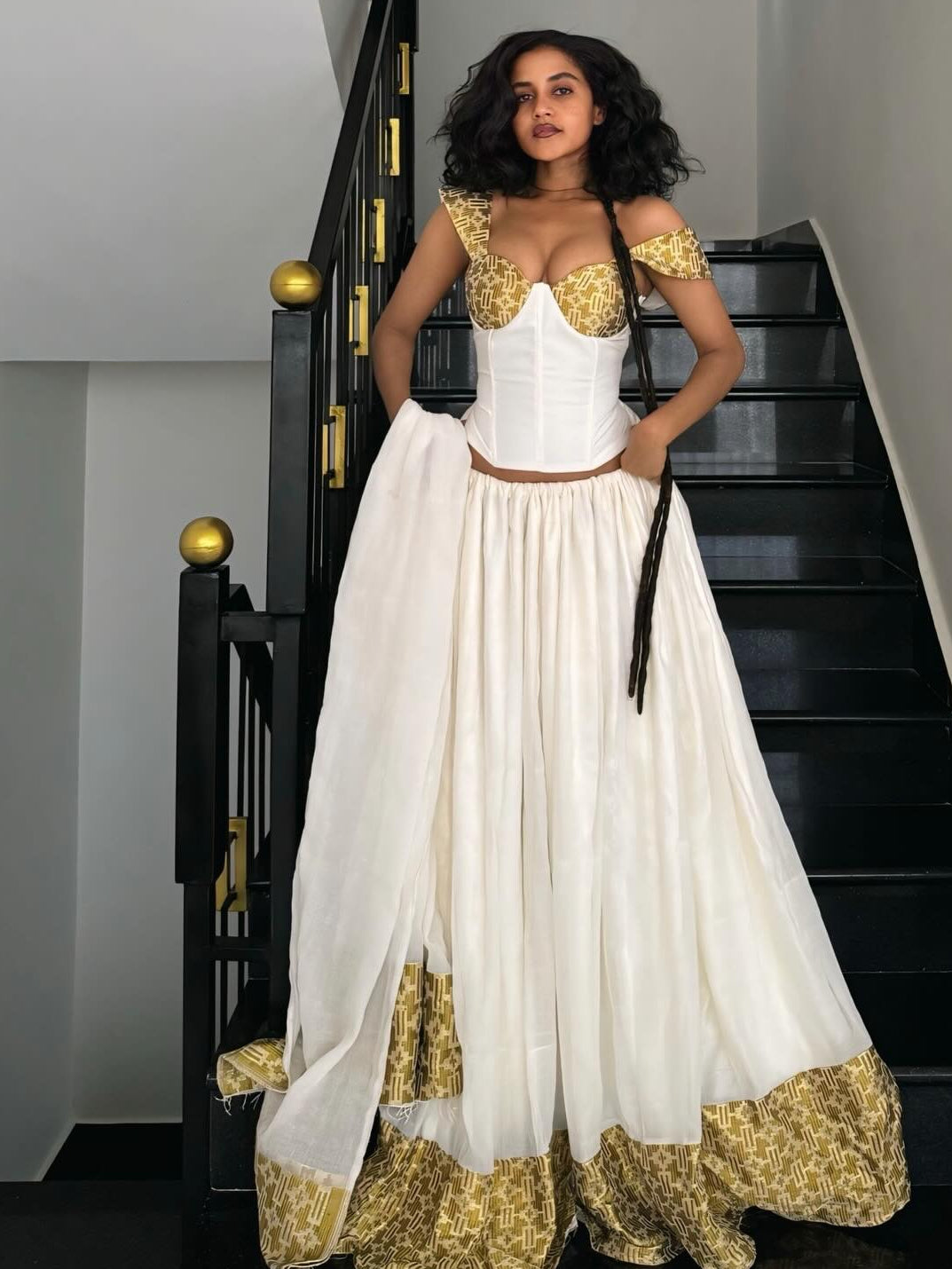 Ethiopian Clothing Gold Woven Habesha Kemis & Short Sleeve Habesha Dress For Festive 750