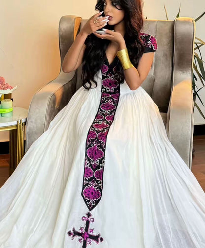 Ethiopian Clothing For Event Black & Purple Habesha Kemis Short Sleeve Habesha Dress Online 752