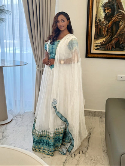 Charming Ethiopian Clothing Blue Embroidered Habesha Kemis & Habesha Dress Classic Style 755
