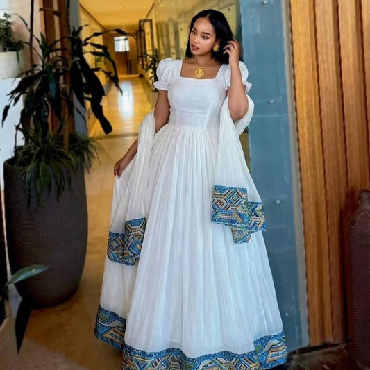 Puff Sleeve Ethiopian Clothing  Blue Embroidered Short Sleeve Habesha Kemis & Habesha Dress 756