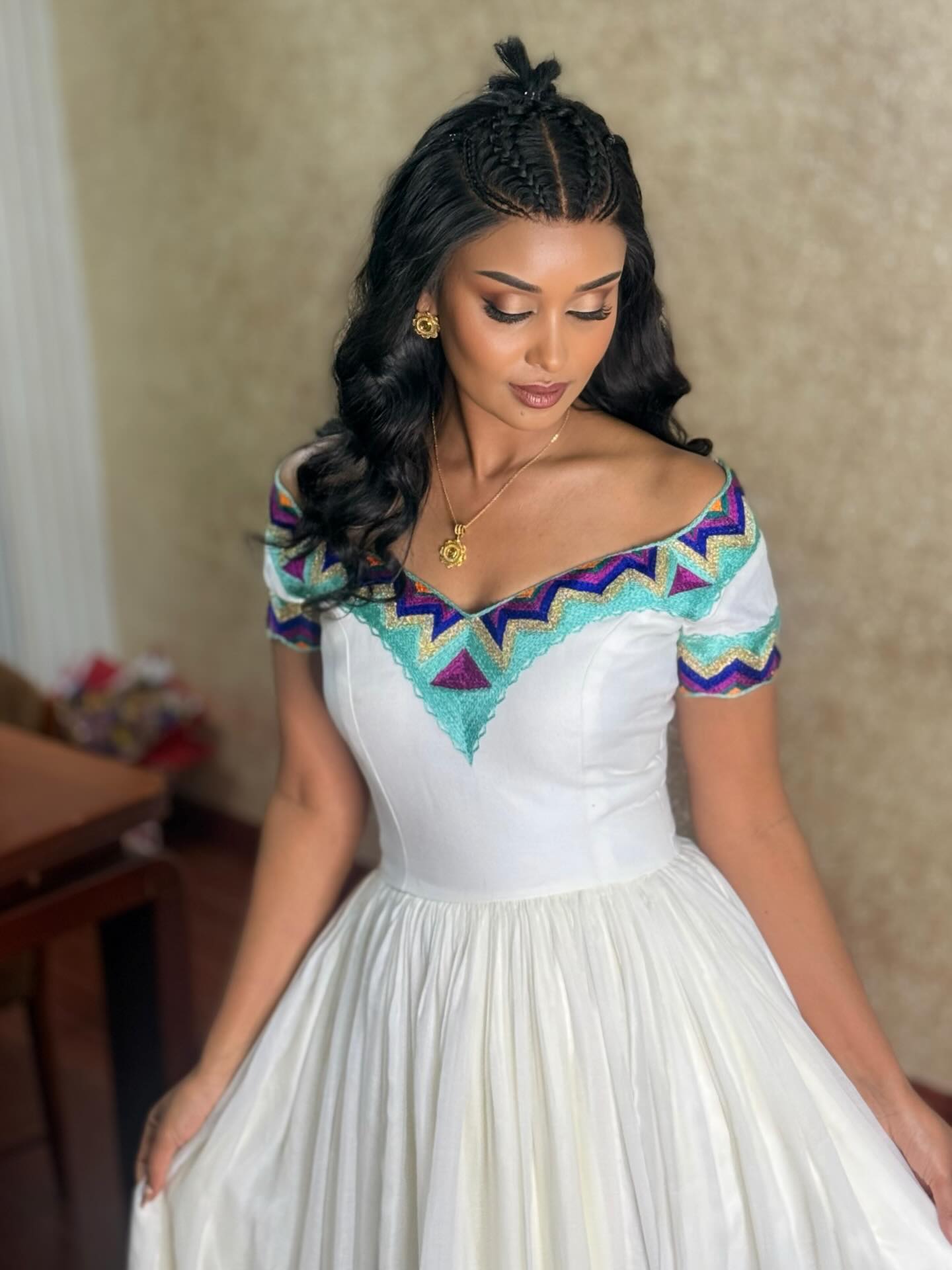Festive Ethiopian Clothing Off Shoulder Short Sleeve Habesha Kemis Multicolor Design Habesha Dress 758
