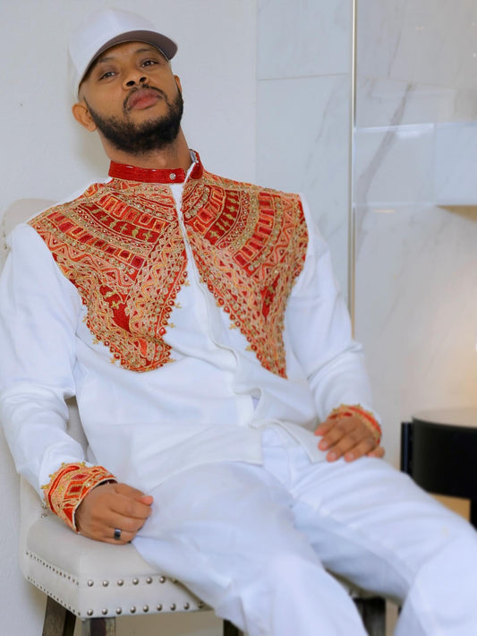 Elegant Men’s Traditional Shirt with Rich Red and Gold Embroidery Cultural Design