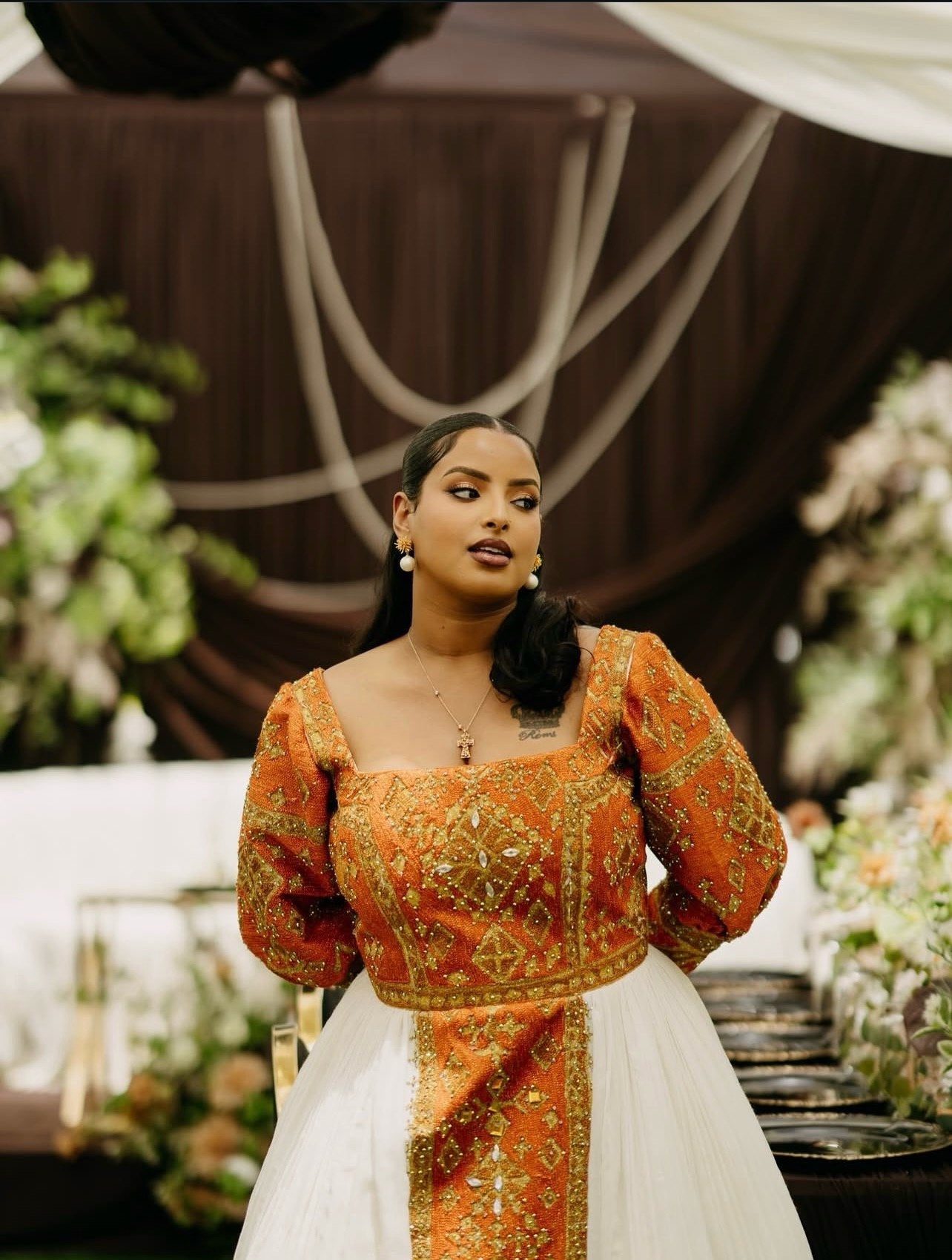 Luxury Habesha Traditional Dress Orange and Gold Embroidery Habesha Dress Habesha Kemis for Elegant Wedding Celebrations 761