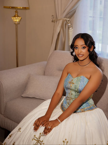Traditional Ethiopian Wedding Dress Stylish Eritrean Dress Green and Blue Cultural Embroidery Habesha Kemis 764