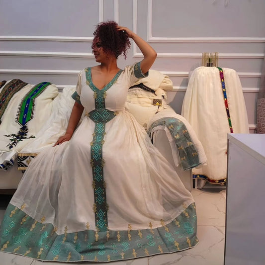 Stunning V-Neckline Habesha Kemis with Short Sleeve Elegant Traditional Cultural Design
