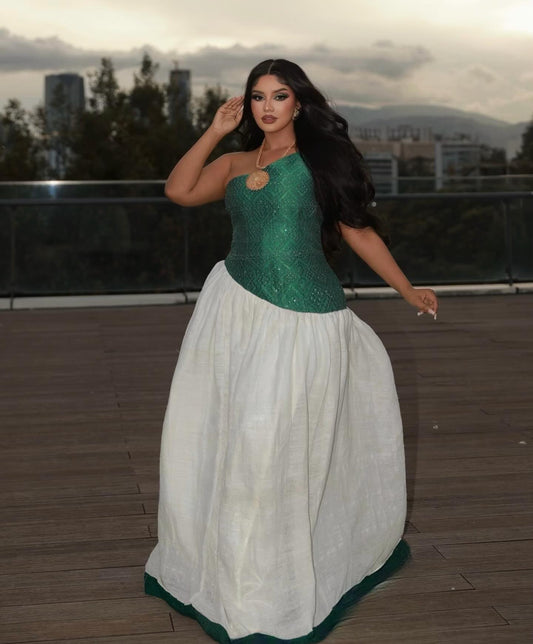 Timeless Habesha Dress Elegant Ethiopian Traditional Style with Green Woven Details