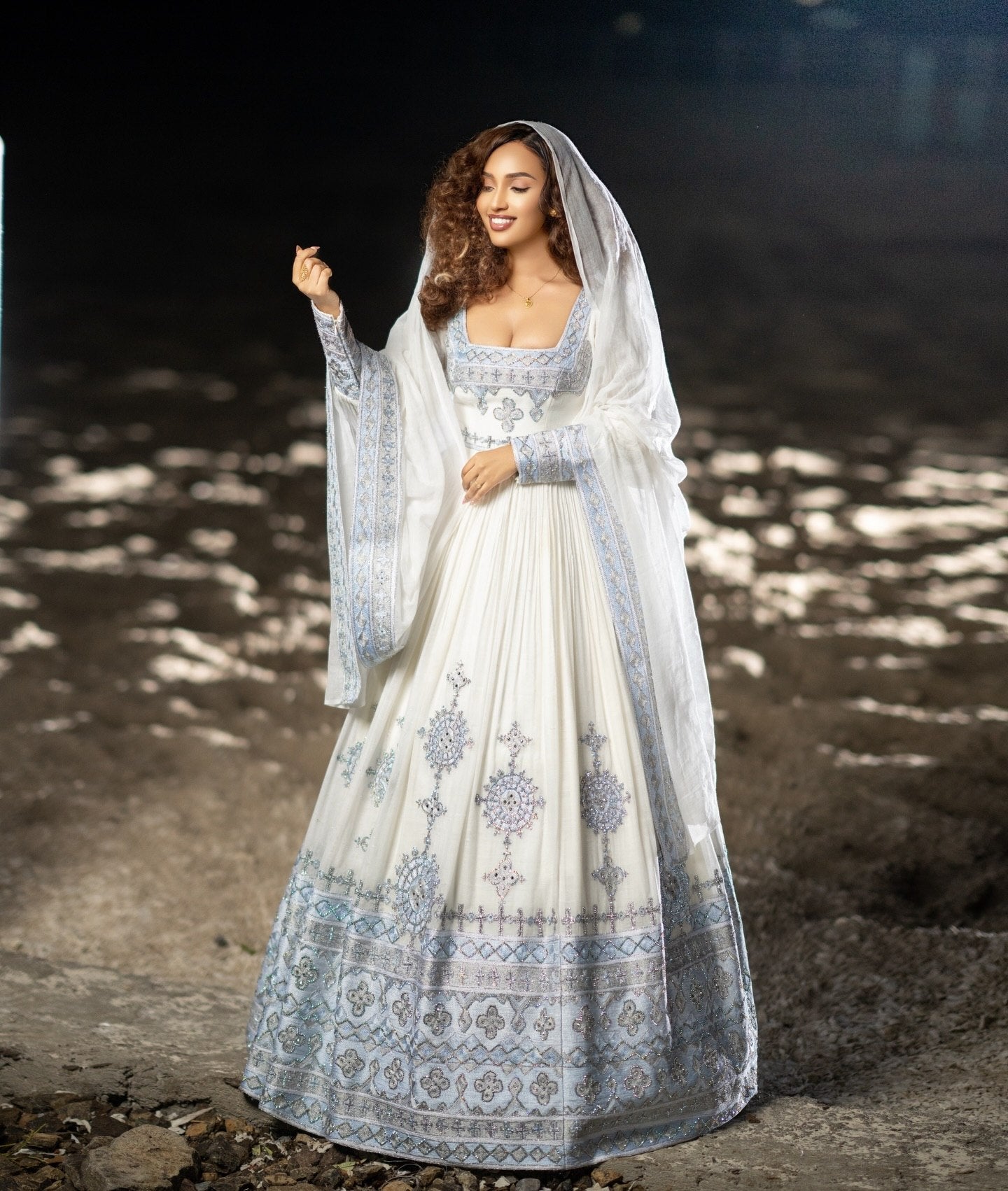 Traditional Ethiopian Dress Sophisticated Long Sleeve Eritrean Dress with Silver Embroidery