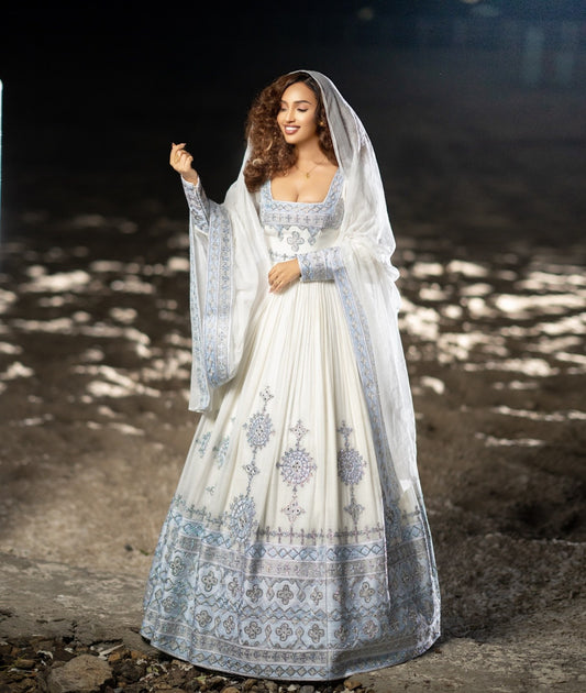 Traditional Ethiopian Dress Sophisticated Long Sleeve Eritrean Dress with Silver Embroidery