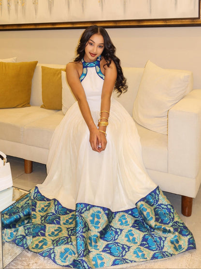Blue Embroidered Ethiopian Clothing Sleeveless Habesha Kemis & Elegant Habesha Dress 870