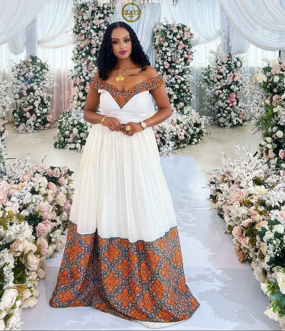 Off-Shoulder Habesha Dress Orange Embroidered Ethiopian Wedding Dress
