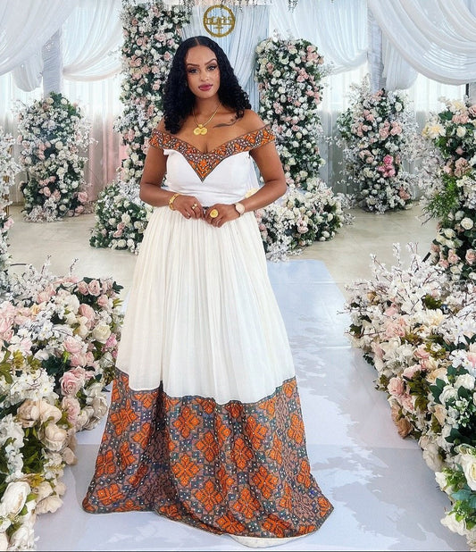 Off-Shoulder Habesha Dress Orange Embroidered Ethiopian Wedding Dress