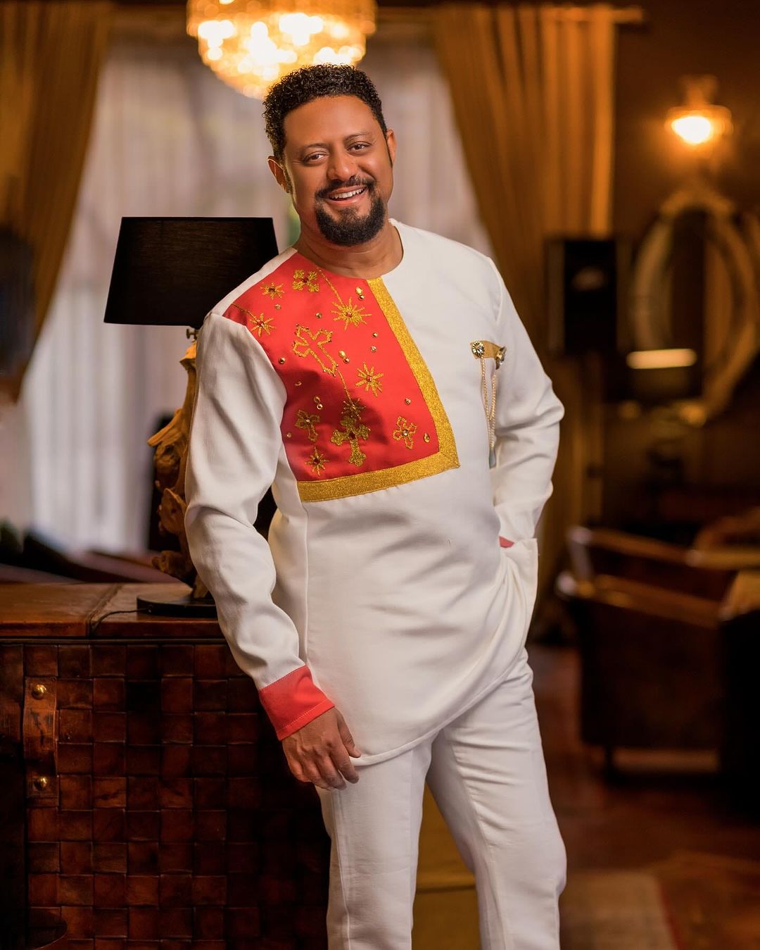 Golden Threads of Tradition: Simple Red Habesha Men's Shirt in Pisi Fabric